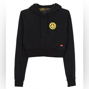 Aviator Nation Smiley Bold Eyes Cropped Hoodie Dark Heathered Gray Small